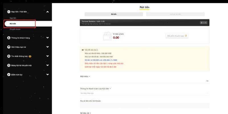 Điền thông tin giao dịch rút tiền CLUBV